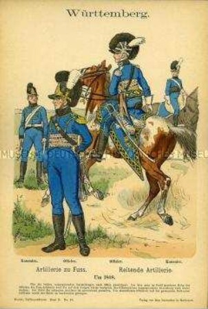 Uniformdarstellung, Kanoniere und Offiziere der Artillerie zu Fuß bzw. der Reitenden Artillerie, Königreich Württemberg, um 1808.