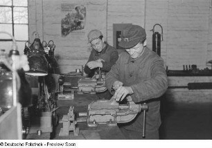 Porträts von Lehrlingen an Werkbänken