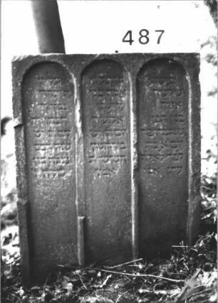 Grabstein 487 (Index: 100113630) Material: Sandstein Maße HxBxT: 76x63x14 cm Besonderheit: kulturhistorisch besonders wertvoll / hist.-wiss. Gründe (Alter); - Grabstein für drei Brüder: Grabstein 487