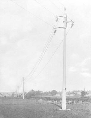 Betonmast-Strecke für 40000 Volt-Leitung, Winkelmast (Siemens-Schuckert) : Technikgeschichte | Elektrotechnik | Umwandlung und Fortleitung elektrischer Energien | Starkstromfreileitungen und -kabel; Isolatoren, Isoliermaschinen, Installation