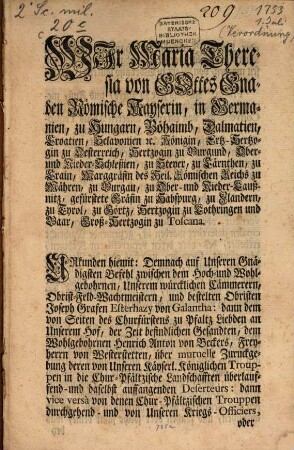 Verordnung der Kaiserin Maria Theresia, die von den Kayserl. Königlichen Troupen in die Chur-Pfältzischen Landschafften übergelaufenen Deserteure betreffend : Wienn den 1. Julii 1753
