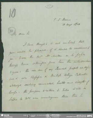 Eigenh. Brief von Horace H. Wilson an August Wilhelm von Schlegel, London, 10.08.1840