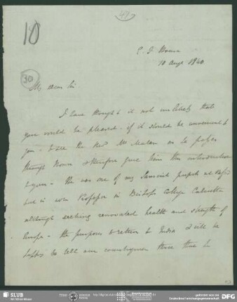 Eigenh. Brief von Horace H. Wilson an August Wilhelm von Schlegel, London, 10.08.1840