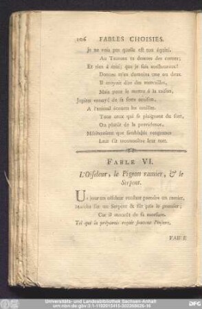 Fable VI. L'Oiseleur, le Pigeon ramier, & le Serpent.