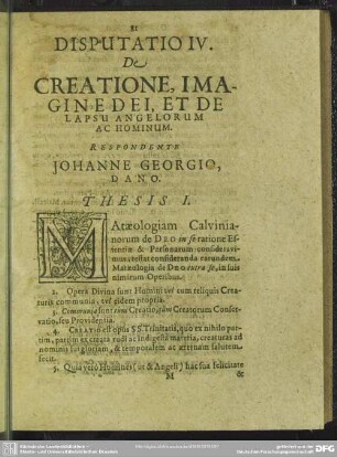 Disputatio IV. De Creatione, Imagine Dei, Et De Lapsu Angelorum Ac Hominum