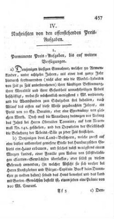IV. Nachrichten von den offenstehenden Preis-Aufgaben.