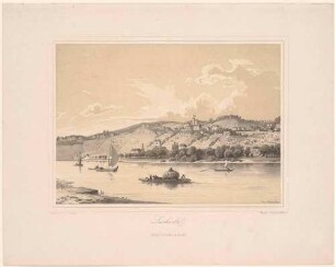Loschwitz bei Dresden vom Gasthof Schillergarten in Blasewitz über die Elbe gesehen, auf der anderen Elbseite die Villa Orlando (1848-1853 von Hugo Erhard)