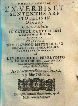Theses logicae ex verbis et sententiis Aristotelis in Organo
