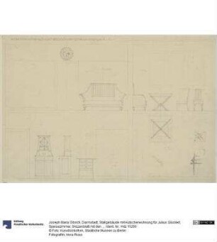 Darmstadt, Stallgebäude mit Kutscherwohnung für Julius Glückert, Speisezimmer, Skizzenblatt mit den vier Wandaufrissen und Möbelentwürfen