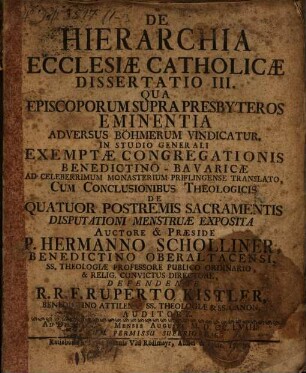 De hierarchia ecclesiae catholicae : dissertatio III. qua episcoporum supra presbyteros eminentia adversus Böhmerum vindicatur