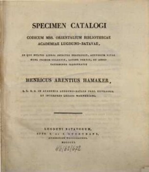 Specimen Catalogi Codicum MSS. orientalium Bibliothecae-Academicae LugdunoBatavae