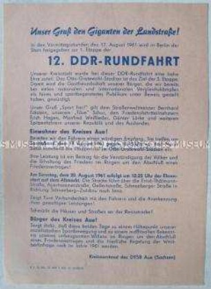 Flugblatt mit dem Aufruf zur Begrüßung der Teilnehmer der DDR-Radrundfahrt im Kreis Aue