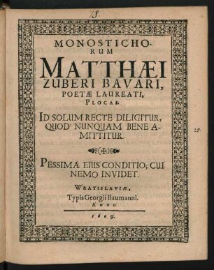 Monostichorum Matthaei Zuberi Bavari, Poetae Laureati, Plocas