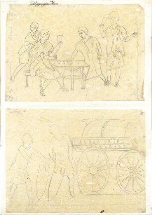 Gärtner, Friedrich von; Aschaffenburg; Pompejanisches Haus (Pompejanum) - Figurengruppe u. Pferdekutsche mit zwei Figuren (Studie)