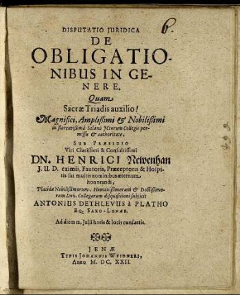 Disputatio Iuridica De Obligationibus In Genere.