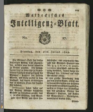 No. 27. Dienstag, den 4ten Julius 1809