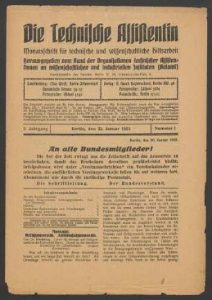 Die Technische Assistentin. Monatsschrift für technische und medizinische Hilfsarbeit. Jahrgang 3 (1923) 1-3