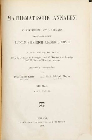 Mathematische Annalen. 13, 13. 1878