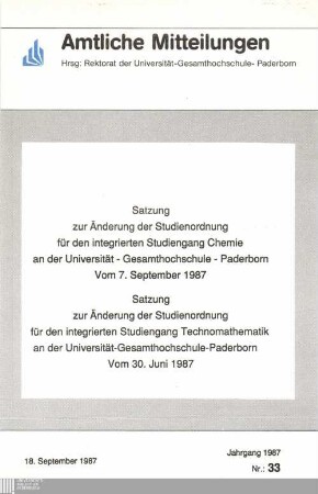 Satzung zur Änderung der Studienordnung für den integrierten Studiengang Chemie an der Universität-Gesamthochschule-Paderborn : vom 7. September 1987
