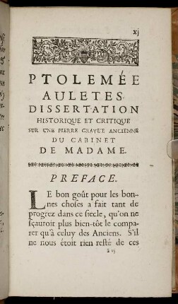 Ptolemée Auletes Dissertation Historique Et Critique Sur Une Pierre Gravée Ancienne Du Cabinet De Madame. Preface.
