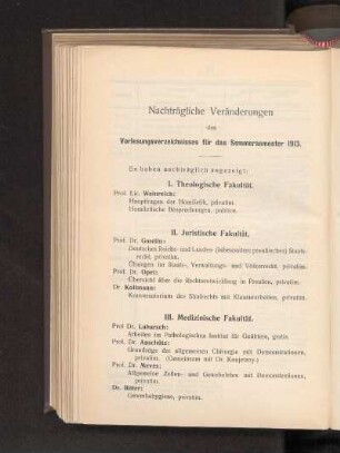 Nachträgliche Veränderungen des Vorlesungsverzeichnisses für das Sommersemester 1913.