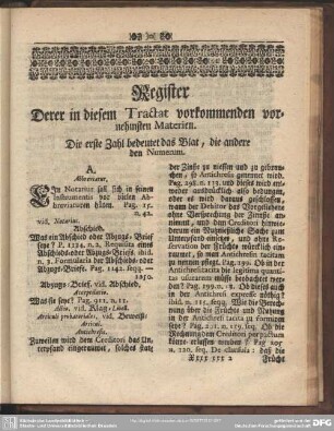 Register Derer in diesem Tractat vorkommenden vornehmsten Materien