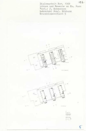 Wohnen und Gewerbe am Kurfürstendamm, Berlin-Charlottenburg (Diplomarbeit bei Kurt Dübbers): Wohnen, Grundrisse Obergeschoss und Luftgeschoss 1:500