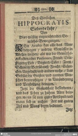 Siebende Lehr, Von Diaet-mäßig einzurichtenden Gemüths-Bewegungen