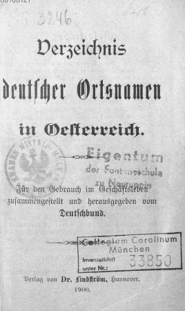Verzeichnis deutscher Ortsnamen in Oesterreich