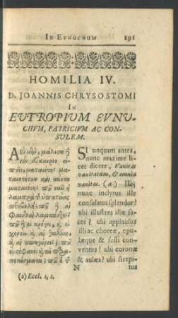 Homilia IV. D. Joannis Chrysostomi In Eutropium Eunuchum, Patricium Ac Consulem