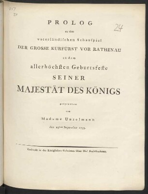 Prolog zu dem vaterländischen Schauspiel Der Grosse Kurfürst vor Rathenau an dem allerhöchsten Geburtsfeste Seiner Majestät des Königs