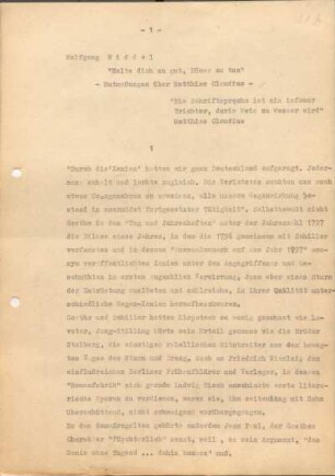 [W140]: Halte dich zu gut, Böses zu tun. : Mutmaßungen über Matthias Claudius
