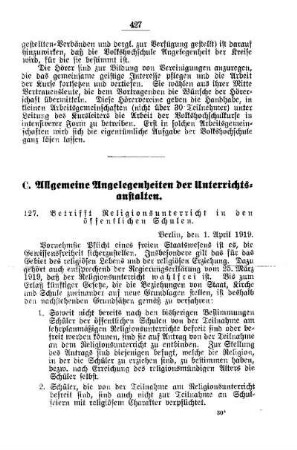 Betrifft Religionsunterricht in den öffentlichen Schulen : [C. Allgemeine Angelegenheiten der Unterrichtsanstalten]