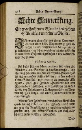 Achte Anmerkkung. Einer gestochenen Wunde des rechten Schenkkels mit einem Messer.