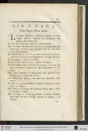Lib.V. Cap.I. Della lingua Greca antica