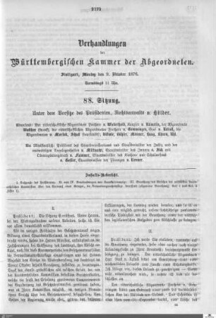 88. Sitzung, Stuttgart, 9.10.1876