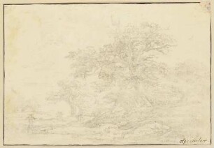 Landschaft mit krummen Baum, links Mann mit Hund