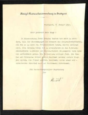 Brief von Lampert (Königliche Naturaliensammlung) an Kopp