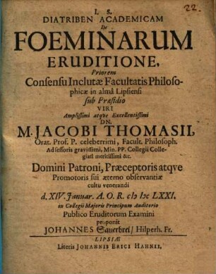 Diatriben academiam de foeminarum eruditione priorem