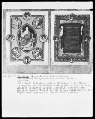 Das Goldene Evangelienbuch von Echternach — Zierseite mit zwei Engeln, die eine Tafel halten nud den Kardinaltugenden in vier Medaillons, Folio 3 recto