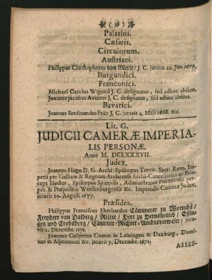Lit. G. Judicii Camerae Imperialis Personae. Anno M. DCLXXXVII.