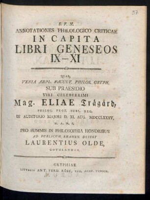 Annotationes Philologico Criticae In Capita Libri Geneseos IX - XI