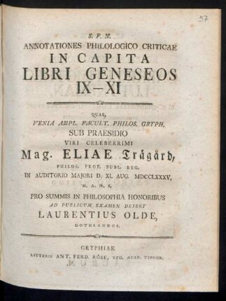 Annotationes Philologico Criticae In Capita Libri Geneseos IX - XI