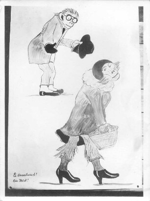 Karikatur "Ei õnnestunud! Kein Glück!". Federzeichnung, farbig lasiert (um 1930; E. Richter). Dresden-Südvorstadt, Eisenstuckstraße, Atelier der Künstlerin