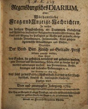 Regensburgisches Diarium oder wöchentliche Frag- und Anzeige-Nachrichten, 1784 = Jg. 23