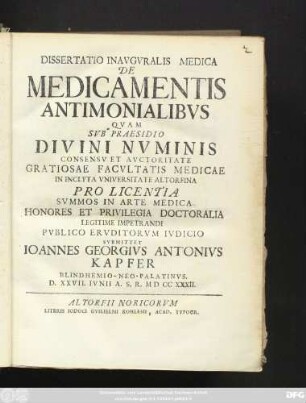 Dissertatio Inavgvralis Medica De Medicamentis Antimonialibvs