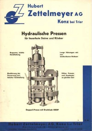 Werbebroschüre der Firma Zettelmeyer für hydraulische Pressen