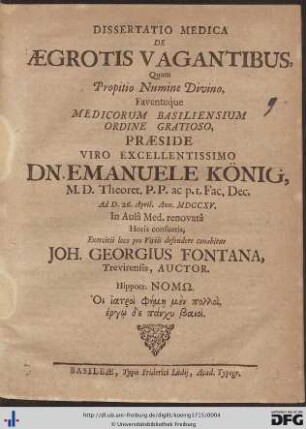 Dissertatio Medica De Aegrotis Vagantibus