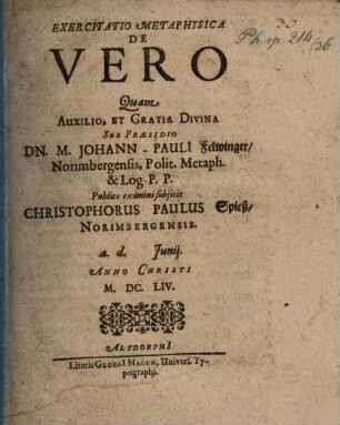 Exercitatio metaphysica de vero
