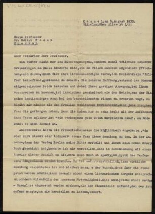 Brief von Will Scheller an Robert Faesi